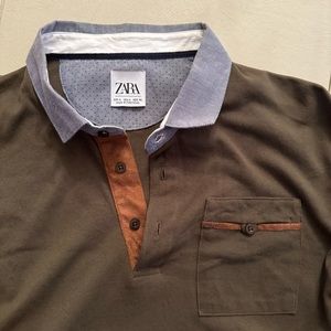 ZARA Olive Green & Brown polo sweater with elbow patches
